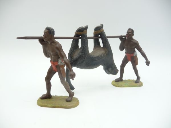 Elastolin 7 cm 2 Afrikaner Beute tragend, Nr. 8214 (4-teilig) - tolle Szene, frühe Figuren
