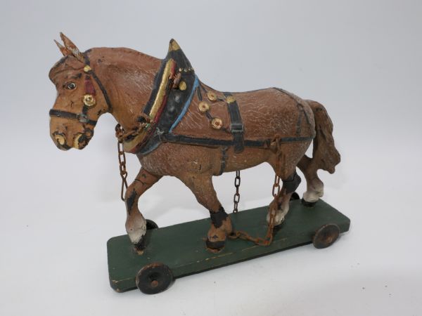 Elastolin compound Carriage horse / heavy horse on wooden plate with wheels