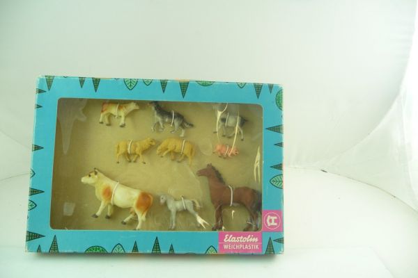 Elastolin soft plastic Rare old box with animals - animals unused, still on ribbon