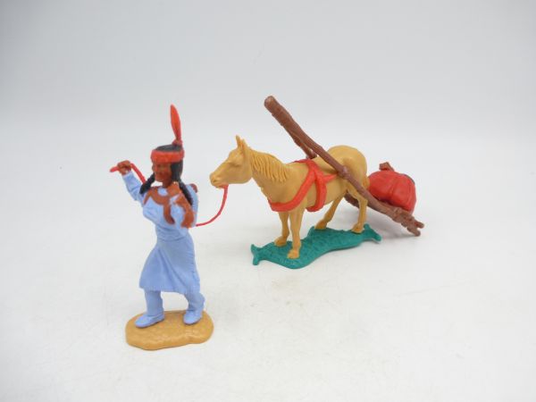 Timpo Toys Indianerin mit Travois, rotes Gepäckstück - tolles Pferd