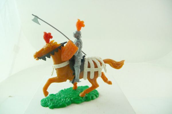 Elastolin 5,4 cm Knight on horseback with red-orange accessories with long axe + shield