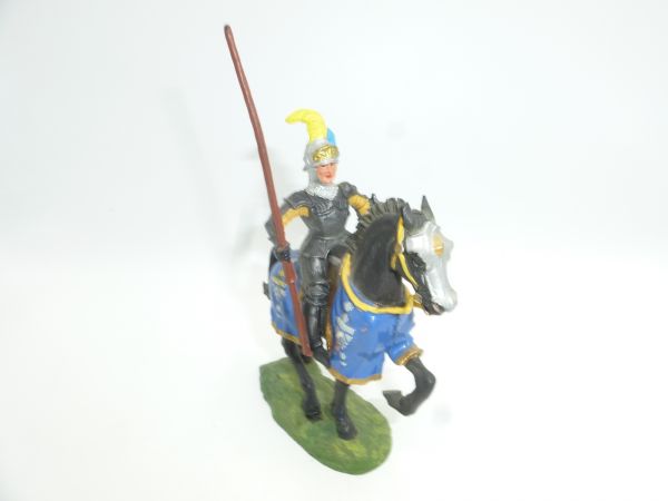 Elastolin 7 cm Knight on horseback, lance high, blue blanket, No. 8965