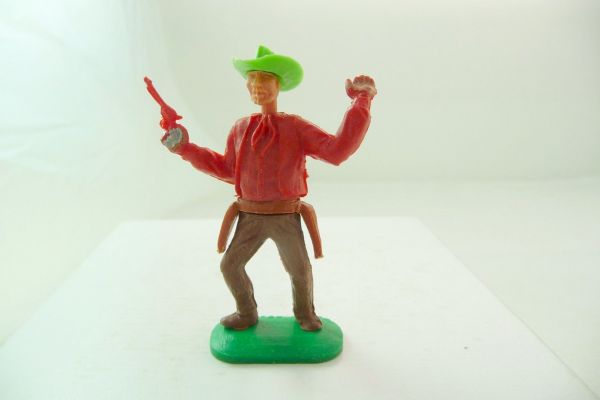 Timpo Toys Cowboy 1. Version stehend mit Pistole, rot mit seltenem Hut