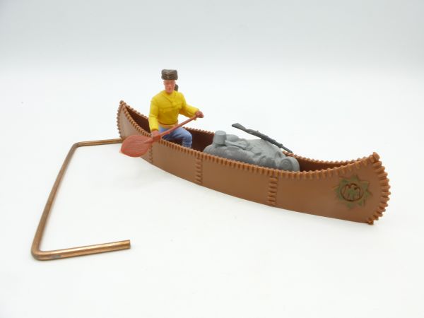 Timpo Toys Canoe (pale brown with grey emblem) with trapper + cargo