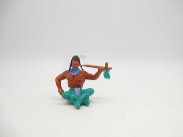 Timpo Toys Indianer 2. Version sitzend mit Friedenspfeife, grüne Hose