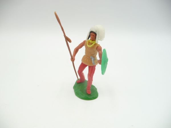 Elastolin 5,4 cm Indianer stehend mit Speer, Schild + Tomahawk