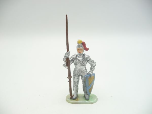 Elastolin 4 cm Ritter stehend mit Lanze, Nr. 8937 - auf Perlmuttsockel, frühe Figur