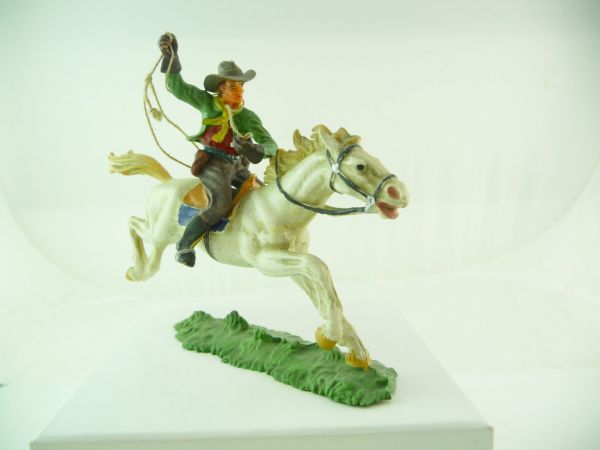 Elastolin 7 cm Cowboy zu Pferd mit Lasso, Nr. 6998 - frühe 3er Bemalung