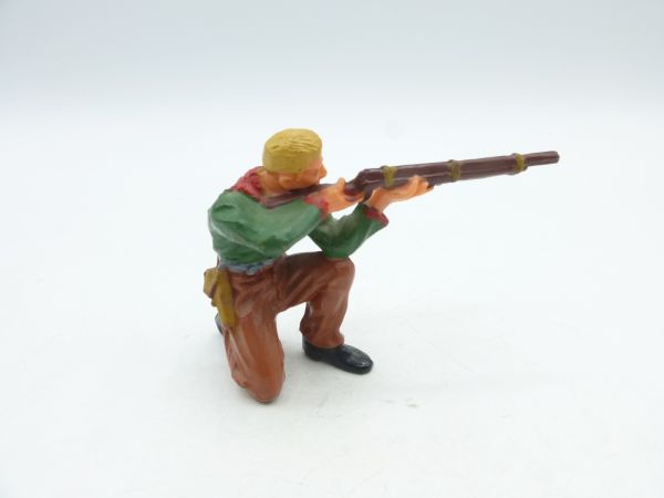 Elastolin 7 cm Cowboy 2. Version kniend mit Gewehr, ohne Hut, J-Figur