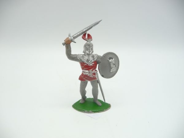 Timpo Toys Ritter mit Schwert über dem Kopf + Schild, rot/grau - leicht bespielt