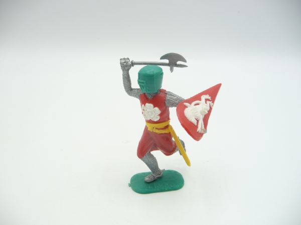 Timpo Toys Mittelalterritter laufend, rot, grüner Kopf, weiße Rose mit Streitaxt