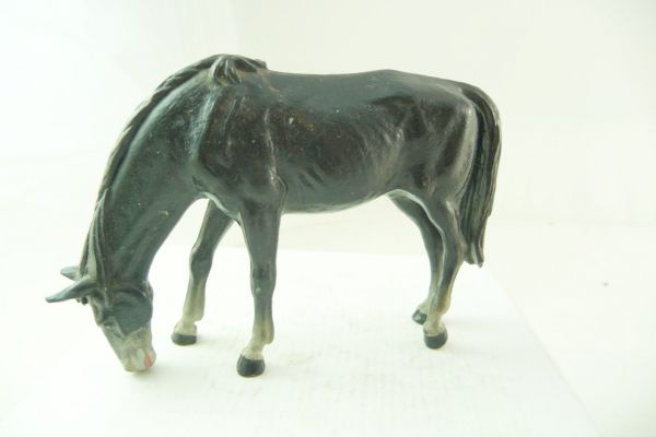 Elastolin 7 cm Pferd grasend, schwarz, Bem. 2 - tolle Altbemalung
