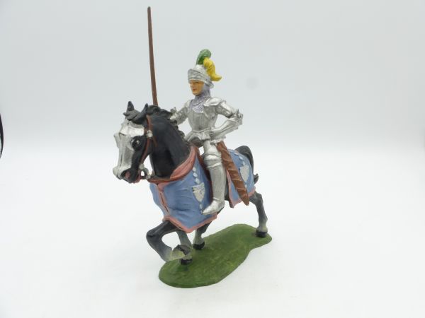 Elastolin 7 cm Knight on horseback, lance high, No. 8965, light blue saddle cloth