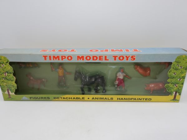 Timpo Toys Seltene Bauernhofbox, Nr. 115 mit 2 Figuren + 11 Tieren