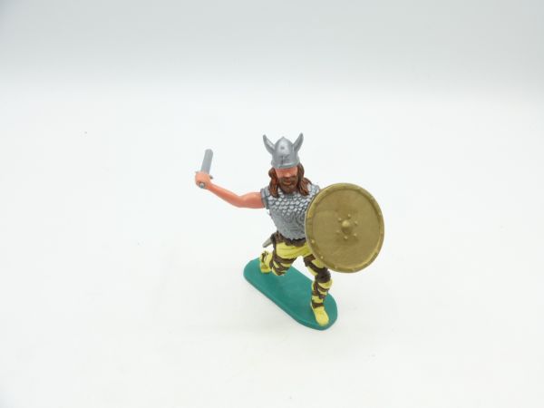 Timpo Toys Wikinger vorgehend, mit Schwert ausholend, goldenes Schild