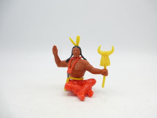 Timpo Toys Indianer 3. Version sitzend mit Stammeszeichen, gelb