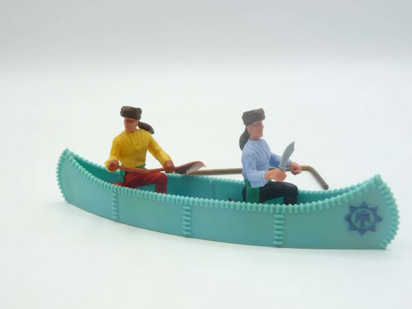 Timpo Toys Canoe with 2 trappers, turquoise with blue emblem