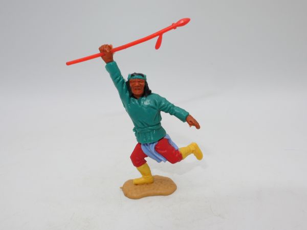 Timpo Toys Apache laufend, grün, rote Hose, hellblauer Schurz, gelbe Stiefel