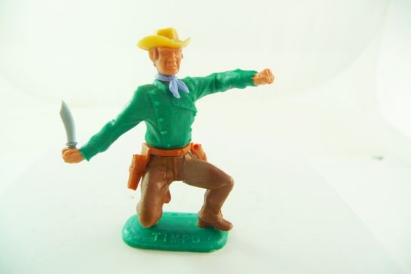 Timpo Toys Cowboy 3. Version kniend mit Messer, dunkelgrünes Oberteil