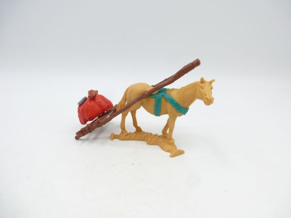 Timpo Toys Pferd mit Trage (rotes Gepäckstück), grünes Zaumzeug