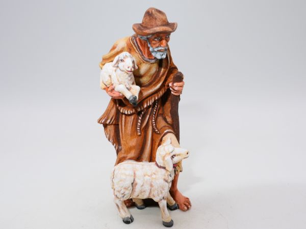 Shepherd with sheep + lamb, 7 cm wooden figure from "The Royal Crib" series