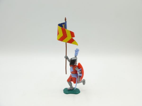 Timpo Toys Visierritter rot/hellblau laufend mit seltener Originalfahne