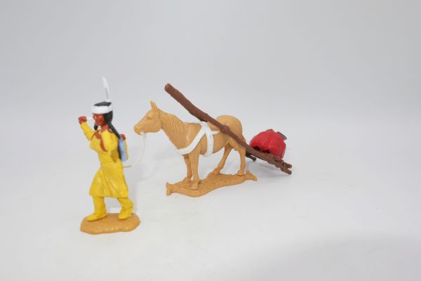Timpo Toys Indianerin mit Travois, rotes Gepäckstück