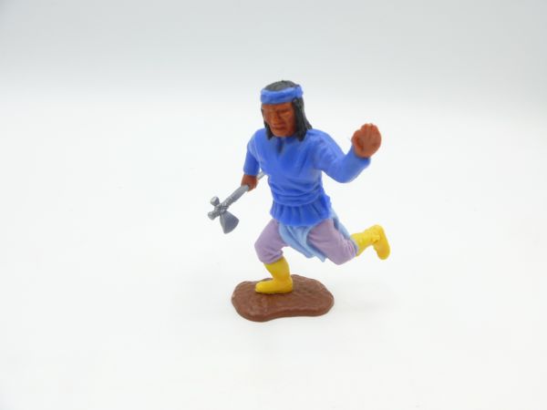 Timpo Toys Apache running, medium blue, purple trousers, light blue bib, yellow boots