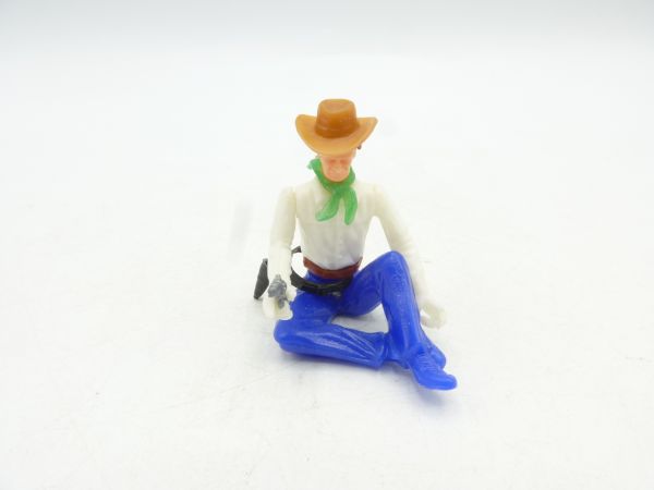 Elastolin 5,4 cm Cowboy sitzend, Pistole schießend, grünes Halstuch