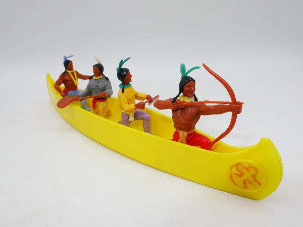 Timpo Toys Viererkanu (gelb) mit 4 Indianern 3. Version - eine Figur ohne Pin