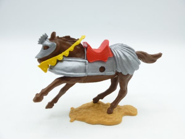 Timpo Toys Armoured Horse, brown, galloping, red saddle
