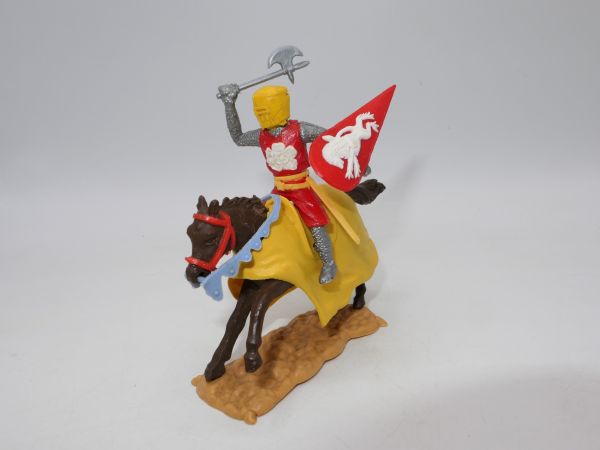Timpo Toys Medieval knight on horseback, red/white/yellow with battle axe