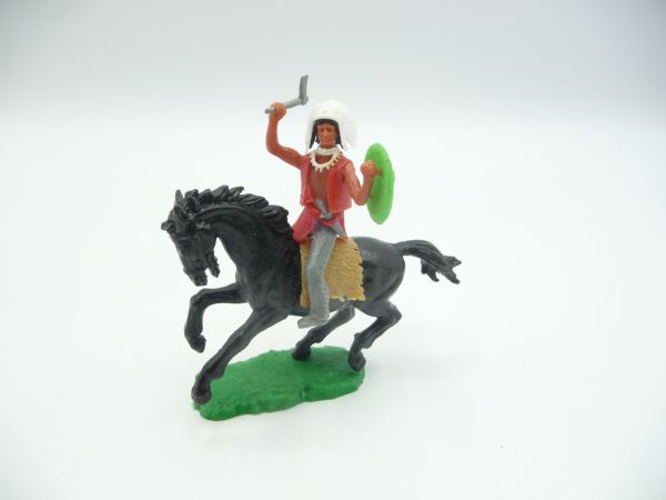 Elastolin 5,4 cm Indianer reitend mit erhobenem Tomahawk + Schild