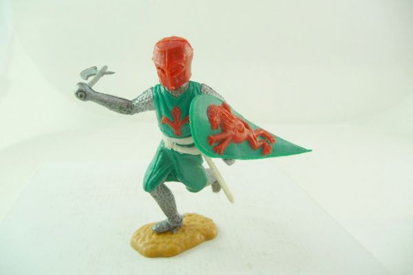 Timpo Toys Medieval knight running with battleaxe, green/rot - shield loops ok