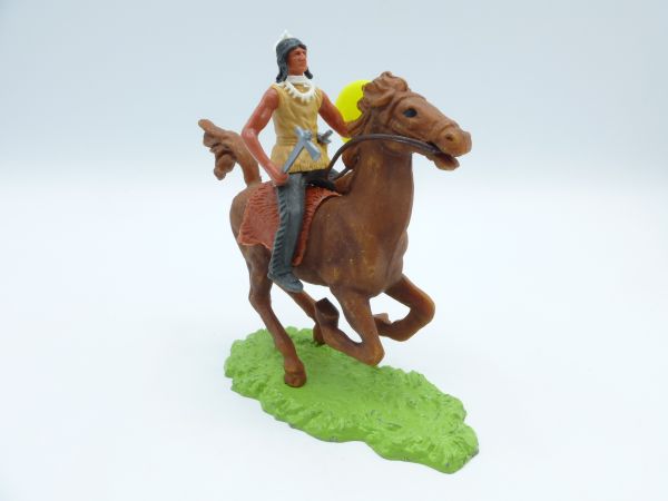 Elastolin 7 cm Indianer zu Pferd mit Tomahawk + Schild (gelbes Schild)