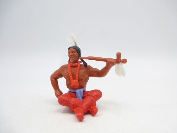 Timpo Toys Indian 3rd version sitting with pipe of peace, red trousers