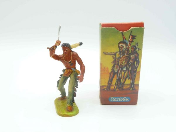 Elastolin 7 cm Indian really throwing tomahawk, No. 6867, painting 2a - orig. packaging, see photos