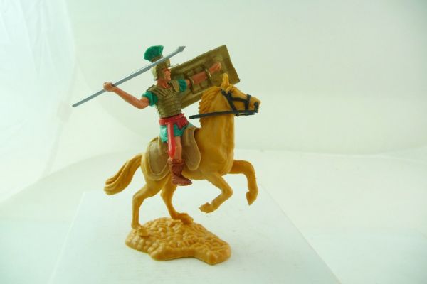 Timpo Toys Römer reitend, grün, rote Schwertscheide - 1 Pin am linken Bein fehlt