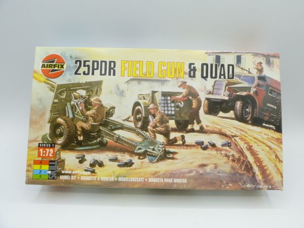 Airfix 1:72 Series 1, 25pdr Field Gun + Quad, No. 1305 - orig. packaging, parts mostly on cast