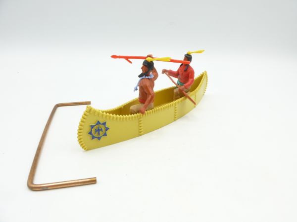 Timpo Toys Canoe (beige with rare blue emblem) with 2 Indians