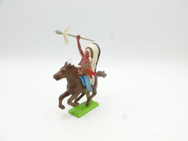Britains Deetail Indian riding, throwing spear, long feather headdress