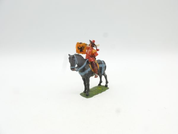 Elastolin 4 cm Fanfare player on standing horse, No. 9073