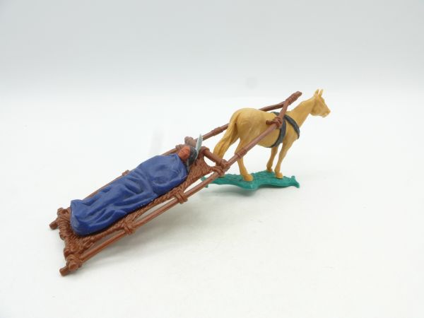 Timpo Toys Pferd mit verletztem Indianer auf Trage (blaue Decke)