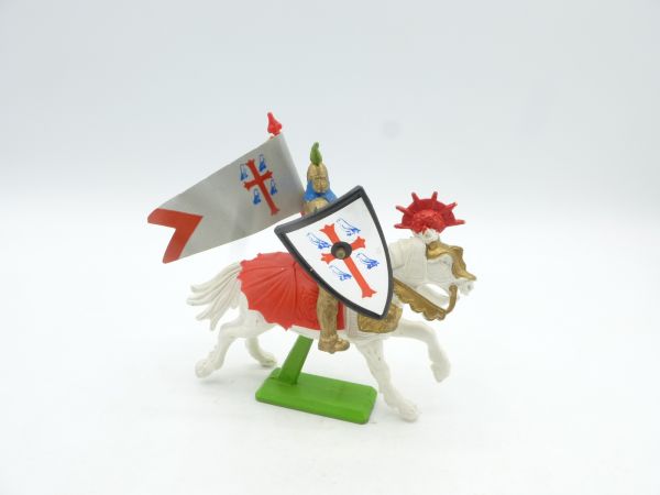 Britains Deetail Gold knight riding with battle axe, flag + shield, 3rd version