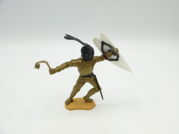 Timpo Toys Goldritter zu Fuß, schwarzer Kopf, weißes Schild