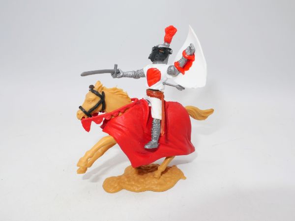 Timpo Toys Visierritter zu Pferd, weiß/rot, von Pfeil getroffen