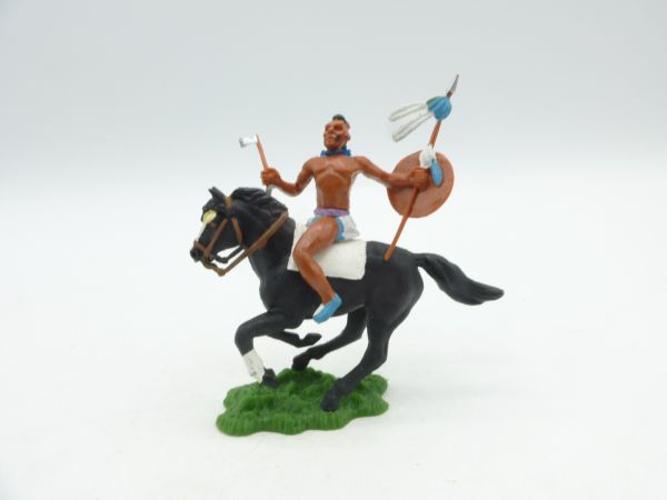 Britains Swoppets Iroquois riding with tomahawk, spear + shield - brand new