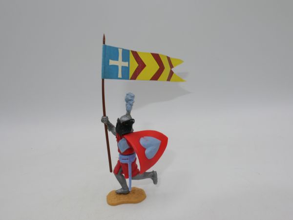 Timpo Toys Visor knight running, red/light blue with great flag (not Timpo!)