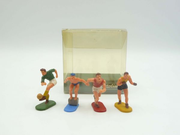 Elastolin 4 cm 4 Figuren aus "Sportvagabund" (Boxer, Fußballer, Schwimmer, Läufer)