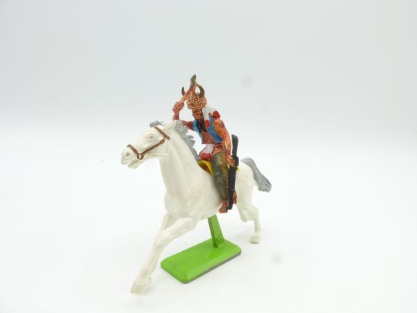 Britains Deetail Indian riding (with horns) with tomahawk + rifle